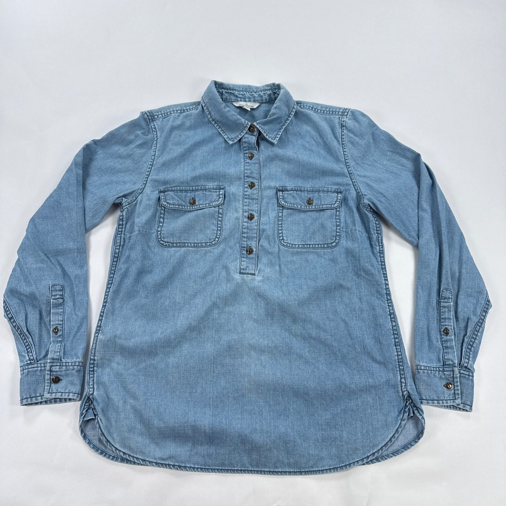 LL Bean Signature Womens Chambray Shirt 10 Blue Popover Button Utility